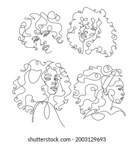 African Woman Face Line Drawing. Curly Hair Linear. Minimalistic Abstract Women Portrait Continuous Line Art For Logo, Prints, Tattoos, Posters, Textiles, Postcards. Vector Illustration