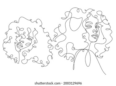 African woman face line drawing. Curly hair linear. Minimalistic abstract women portrait continuous line art for logo, prints, tattoos, posters, textiles, postcards. Vector illustration