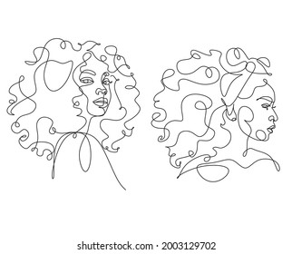 African woman face line drawing. Curly hair linear. Minimalistic abstract women portrait continuous line art for logo, prints, tattoos, posters, textiles, postcards. Vector illustration