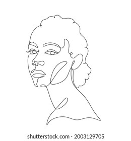 African Woman Face Line Drawing. Curly Hair Linear. Minimalistic Abstract Women Portrait Continuous Line Art For Logo, Prints, Tattoos, Posters, Textiles, Postcards. Vector Illustration