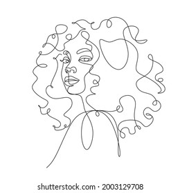 African woman face line drawing. Curly hair linear. Minimalistic abstract women portrait continuous line art for logo, prints, tattoos, posters, textiles, postcards. Vector illustration