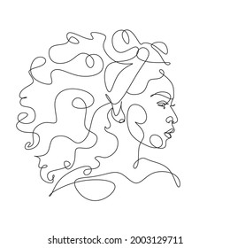 African woman face line drawing. Curly hair linear. Minimalistic abstract women portrait continuous line art for logo, prints, tattoos, posters, textiles, postcards. Vector illustration