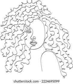 African woman face line drawing. Curly hair linear. Minimalistic abstract women portrait continuous line art for logo, prints, tattoos, posters, textiles, postcards. Vector illustration