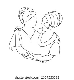 African woman face line drawing. Curly hair linear. Minimalistic abstract women portrait continuous line art for logo, prints, tattoos, posters, textiles, postcards. Vector illustration