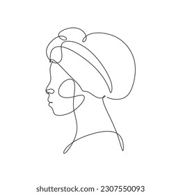 Afrikanische Frau Gesichtszeilenzeichnung. Curly Haar linear. Minimalistische abstrakte Frauen portrait kontinuierliche Linie Kunst für Logo, Drucke, Tattoos, Poster, Textilien, Postkarten. Vektorgrafik