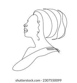 African woman face line drawing. Curly hair linear. Minimalistic abstract women portrait continuous line art for logo, prints, tattoos, posters, textiles, postcards. Vector illustration