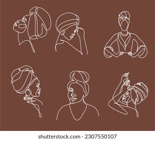 African woman face line drawing. Curly hair linear. Minimalistic abstract women portrait continuous line art for logo, prints, tattoos, posters, textiles, postcards. Vector illustration