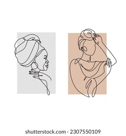African woman face line drawing. Curly hair linear. Minimalistic abstract women portrait continuous line art for logo, prints, tattoos, posters, textiles, postcards. Vector illustration