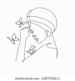 African woman face line drawing. Curly hair linear. Minimalistic abstract women portrait continuous line art for logo, prints, tattoos, posters, textiles, postcards. Vector illustration