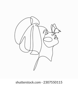 African woman face line drawing. Curly hair linear. Minimalistic abstract women portrait continuous line art for logo, prints, tattoos, posters, textiles, postcards. Vector illustration