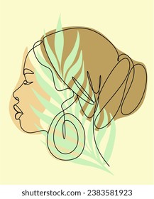 African woman face line drawing. Curly hair linear. Minimalistic abstract women portrait continuous line art for logo, prints, tattoos, posters, textiles, postcards. Vector illustration
