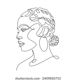 Afrikanische Frau Gesichtszeilenzeichnung. Curly Haar linear. Minimalistische abstrakte Frauen portrait kontinuierliche Linie Kunst für Logo, Drucke, Tattoos, Poster, Textilien, Postkarten. Vektorgrafik