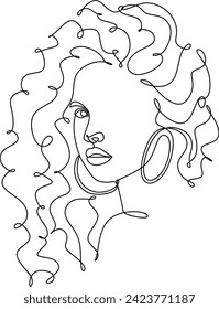 African woman face line drawing. Curly hair linear. Minimalistic abstract women portrait continuous line art for logo, prints, tattoos, posters, textiles, postcards. Vector illustration