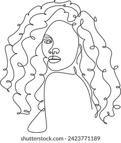 African woman face line drawing. Curly hair linear. Minimalistic abstract women portrait continuous line art for logo, prints, tattoos, posters, textiles, postcards. Vector illustration