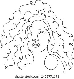 African woman face line drawing. Curly hair linear. Minimalistic abstract women portrait continuous line art for logo, prints, tattoos, posters, textiles, postcards. Vector illustration