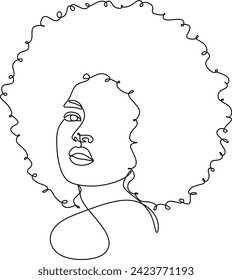 African woman face line drawing. Curly hair linear. Minimalistic abstract women portrait continuous line art for logo, prints, tattoos, posters, textiles, postcards. Vector illustration