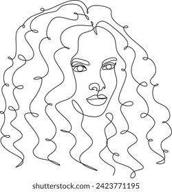 African woman face line drawing. Curly hair linear. Minimalistic abstract women portrait continuous line art for logo, prints, tattoos, posters, textiles, postcards. Vector illustration