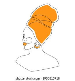 African woman face in one line drawing. Portrait of Beautiful woman in headwrap. Abstract modern Vector Illustration for logo, print, t-shirt, emblem, wall art