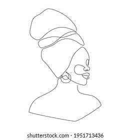 African woman face in one line drawing. Portrait of Beautiful woman in headwrap. Abstract modern Vector Illustration for logo, print, t-shirt, emblem, wall art. Editable stroke