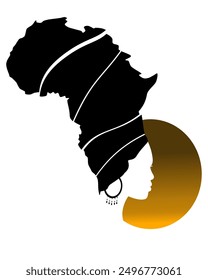 African woman, face profile silhouette with turban in the shape of Africa's map. with gold sun at the back. Afro tribal logo design template