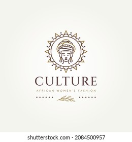 african woman fashion culture line art logo. african woman with turban and ethnic round tribal symbol line art badge logo template vector illustration design