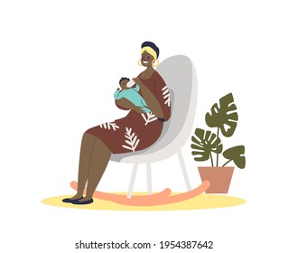 African woman feeding newborn baby with milk from bottle. Young mother feed infant sitting in armchair. Cute child sucking kid formula. Cartoon flat vector illustration