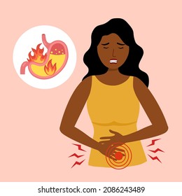 African Woman Feel Pain In Stomach Vector Illustration. Stomach Acid Reflux Disease And Digestive System Problem. Heartburn Concept.