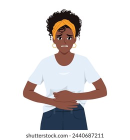 African woman feel pain in stomach. Stomach acid reflux disease and digestive system problem. Flat Vector Illustration Isolated on White Background