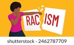 African woman fighting against racism, she is punching a sign with the word "racism"