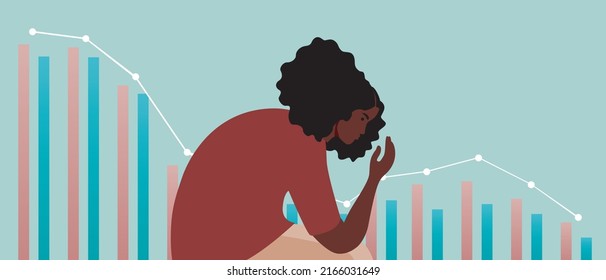 African woman with financial charts on Financial Market, Stock Market and Exchange. Flat vector stock illustration. Concept of trading. Financial crisis