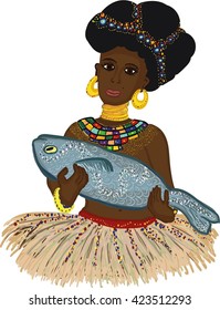 African woman with fish hand drawn
