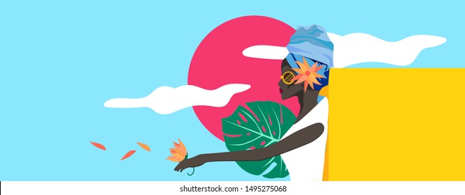 African woman with flower in her hand. Flat simple illustration.