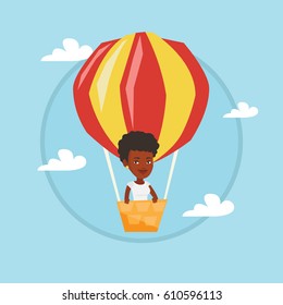African woman flying in a hot air balloon. Woman standing in the basket of hot air balloon. Woman traveling in hot air balloon. Vector flat design illustration in the circle isolated on background.