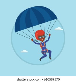 African woman flying with a parachute. Woman paragliding on a parachute. Professional parachutist descending with a parachute. Vector flat design illustration in the circle isolated on background.