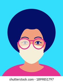 Mujer africana con gafas de niebla y máscara facial protectora. Concepto de problema de condensación en vidrio cuando se usa máscara en tiempo frío. Ilustración plana vectorial sobre fondo azul. Solución antiniebla.