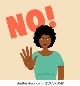 African woman with hand gesturing no or stop sign in flat design. No means no concept.