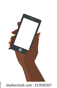 African woman hand holing black smartphone with blank white screen. Using mobile smart phone similar to iphon, flat design concept. Eps 10 vector illustration