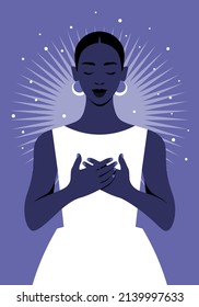 African woman with hands on her chest. Grateful gesture. Kindness and acceptance. Vector flat illustration