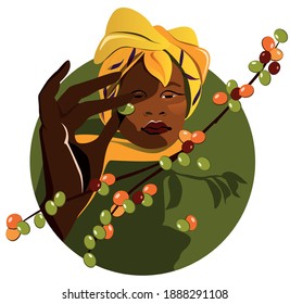 African woman harvests coffee from a branch. Coffee farm. A beautiful yellow turban. Vector illustration flat design.