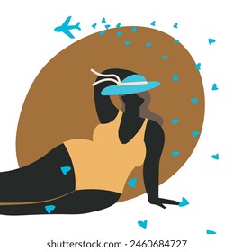 african woman in a hat. Relaxing black woman at the summer beach. illustration concept shows a beautiful woman who has dark skin tone. Catch the summer vibe concept. Flat vector style illustration	