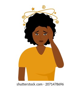 African woman having dizzy symptom in flat design on white background. Black female feeling vertigo. Dizziness illness.