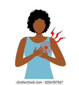 African woman having heart disease symptom in flat design on white background. Heart attack concept vector illustration.