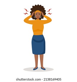 African woman having painful headache concept vector illustration. Migraine health problem flat design. Stressful at work. Office syndrome.