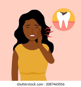 Mujer africana con doloroso carácter de dolor de muelas en diseño plano. Problema dental y concepto de tratamiento oral. Caries dentales.