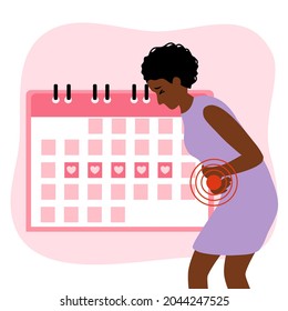 African Woman Having Period Pain In Flat Design Vector Illustration. Menstrual Cycle Calendar Concept.