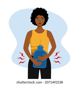 African Woman Having Period Pain Concept Vector Illustration. Menstrual Cramps. Black Female Relief Pain With Hot Water Bag.