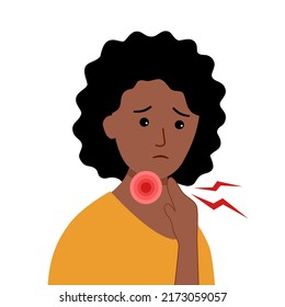 African woman having sore throat symptom from virus or bacteria in flat design on white background.