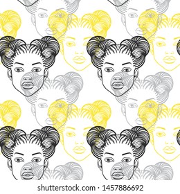 African woman head with afro hairstyle, cute black girl portrait seamless vector pattern. Space buns, braided hairs, braids. Hand drawn fashion background, beauty shop, barbershop salon template.