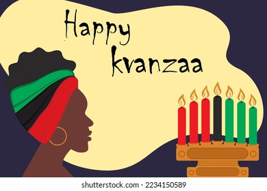 African woman with headband and candelabra with candles in traditional color Africa. Happy Kwanzaa