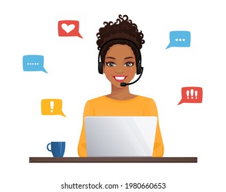 African woman in headphones with laptop. Customer support operator vector illustration isolated